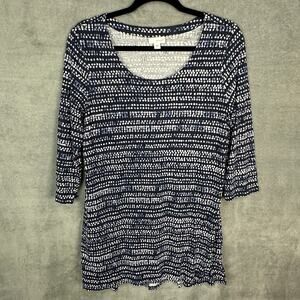J Jill Purejill Top Womens Medium Blue Dot Tunic Stretch Comfort Preppy Career